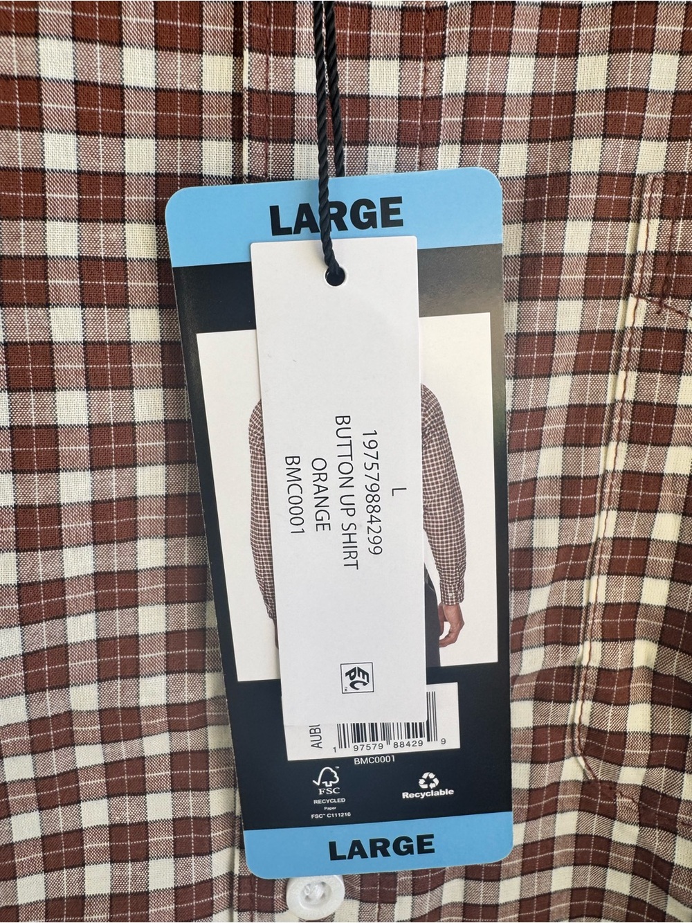 NWT Bonobos Men’s Large Brown White Check Plaid Button Down Shirt Long Sleeve - Picture 3 of 5